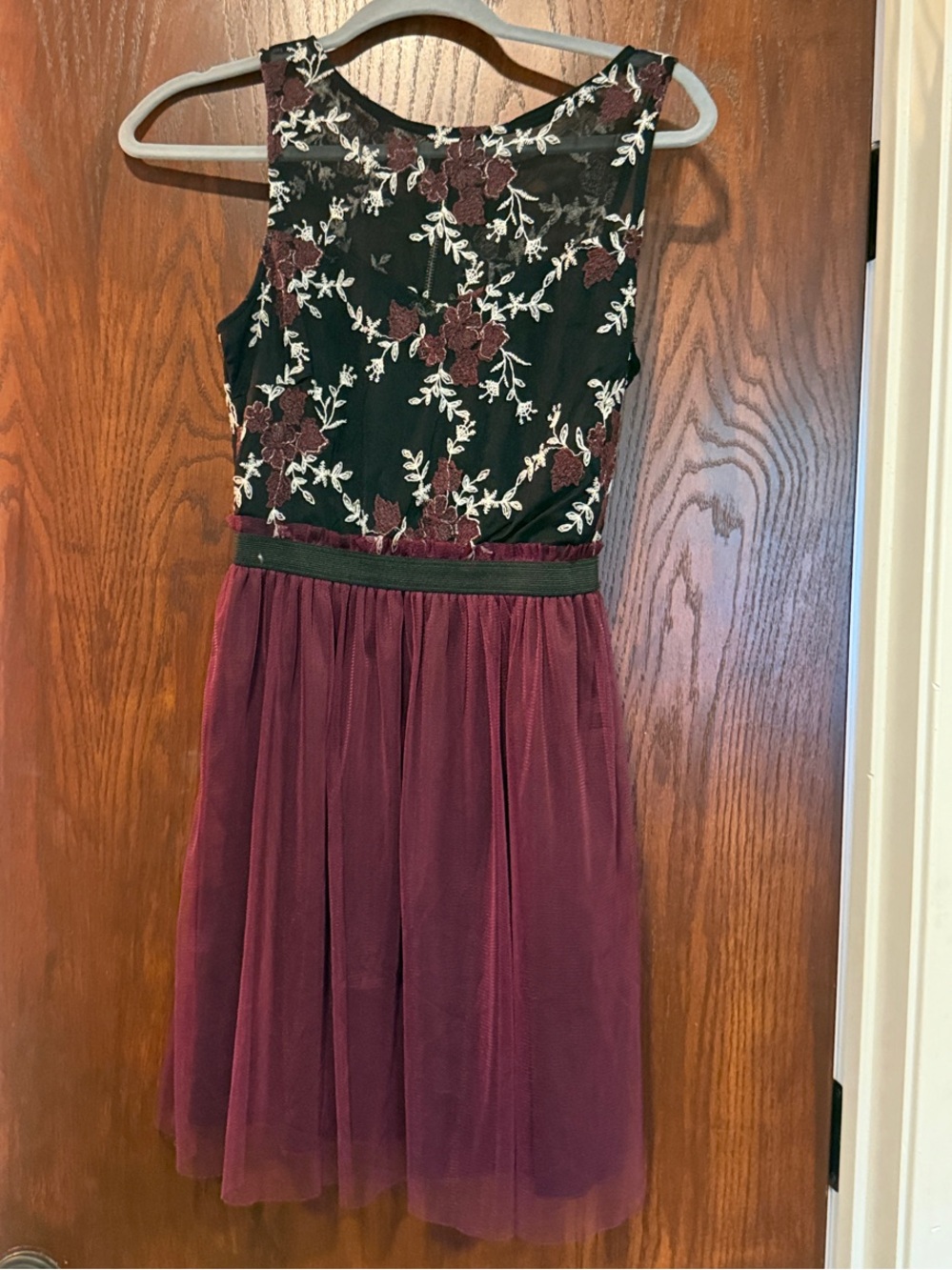 Speechless Black Floral Embroidered Bodice with Burgundy Tulle Skirt Mini Dress